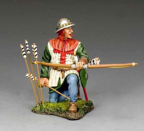 Model figure of a historical warrior with archery equipment on a gray background