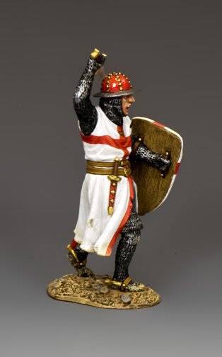 Crusader Sergeant at Arms. Figurine of a warrior in historical armor with a shield and raised arm on a gray background