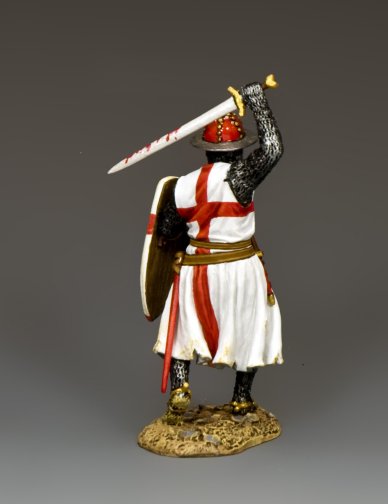 Crusader Sergeant at Arms. Toy Soldier Figurine of a warrior in historical armor with a shield and sword on a gray background