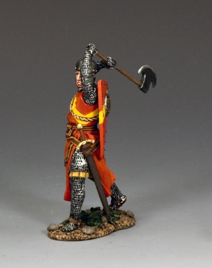 The Axeman Cometh. Figurine of a warrior holding an axe on a gray background
