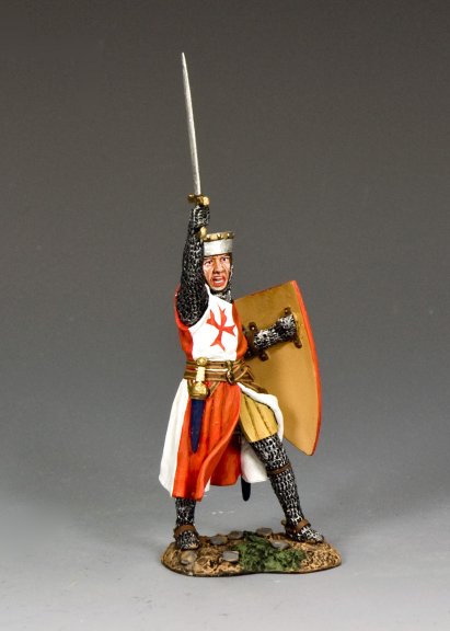 Victory is Ours. Model of a medieval knight holding a sword and shield on a gray background