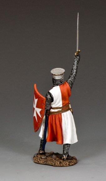 Rear view of Templar knight toy soldier with raised sword and shield, celebrating a battlefield victory.