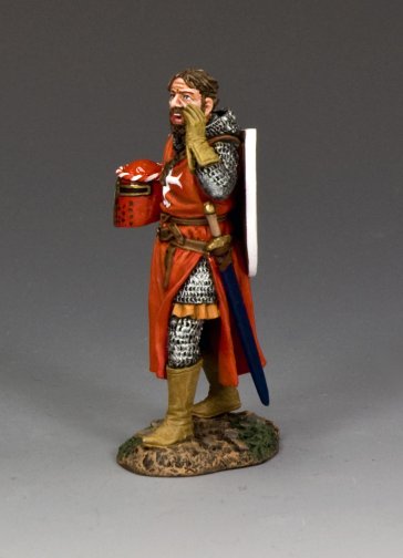 Templar Commander Figurine of a warrior in ornate armor holding a shield and sword on a gray background