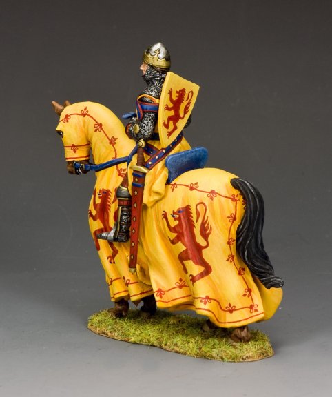 Toy Soldier Figure of a knight on horseback with a yellow coat featuring red lion emblem on a gray background