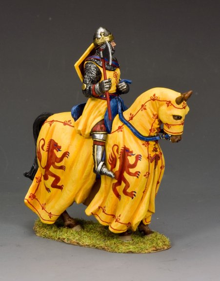 Robert the Bruce military miniature Figurine of a knight on horseback with yellow armor and red lion designs on a gray background