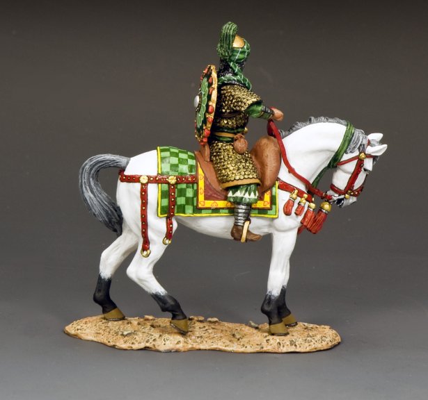 Saladin the Mighty  a warrior on horseback with detailed armor and equipment against a gray background