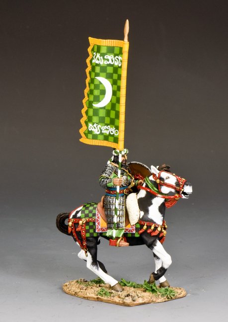 Saladin's Personal Standard Bearer Figurine of a warrior on horseback with a green banner featuring a white crescent moon.