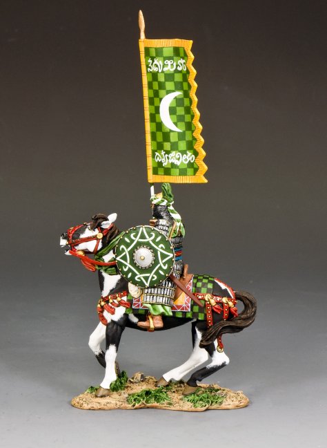 Toy Soldier Model Saladin's Personal Standard Bearer with a green and gold banner against a gray background