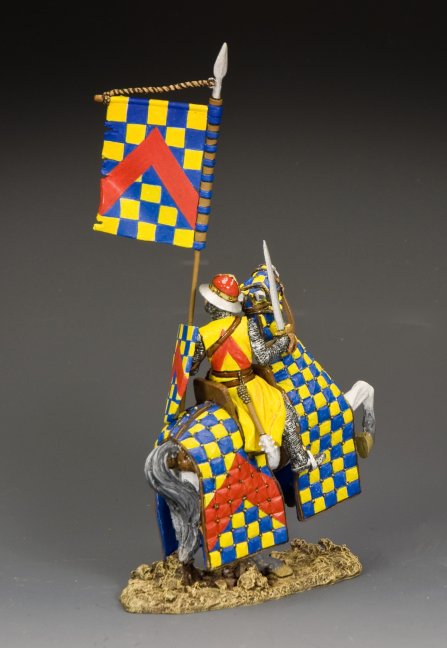 Military miniature Robert de Chevron, mounted in blue and yellow heraldry, raises a banner—Crusader-era French knight driven by ambition and fortune.