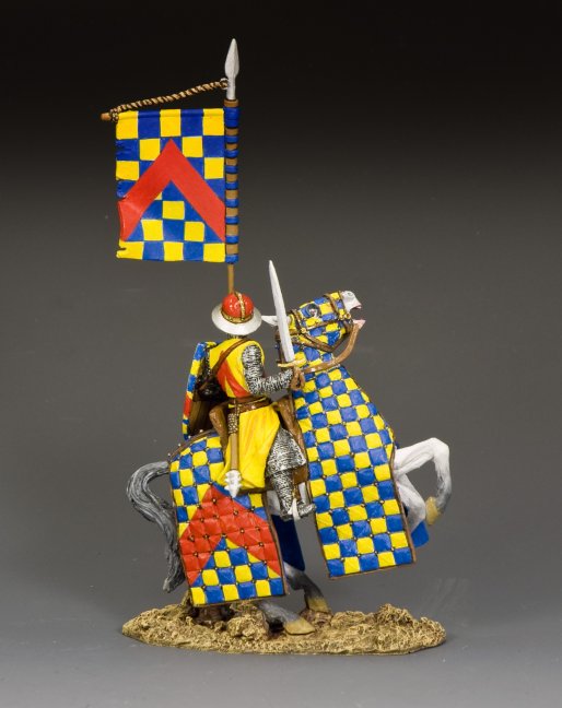 Robert de Chevron Model of a medieval knight toy soldier with a colorful flag and shield on a gray background