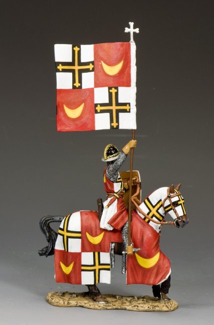 Military miniature Mounted Teutonic knight bearing bold heraldic banner—white, black, red, and gold—symbolizing strength and crusading zeal.