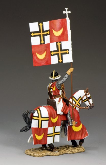 Toy Soldier Mounted Teutonic knight bearing bold heraldic banner—white, black, red, and gold—symbolizing strength and crusading zeal.