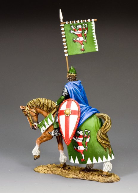 The Green Knight. Toy Soldier of a knight on horseback with a flag and shield, set against a gray background.