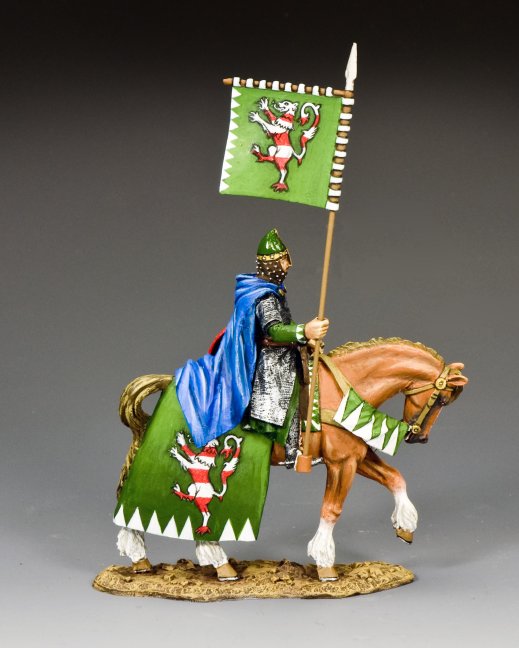 The Green Knight. Figurine of a warrior on horseback holding a flag with a detailed design on a gray background