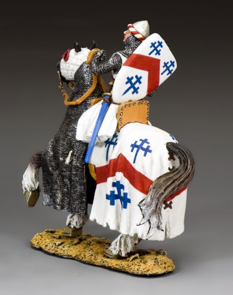 Toy Soldier Swabian knight in white heraldic armor, mounted with axe raised, ready for battle during the Crusades. Horse draped in matching livery. 1/30 scale