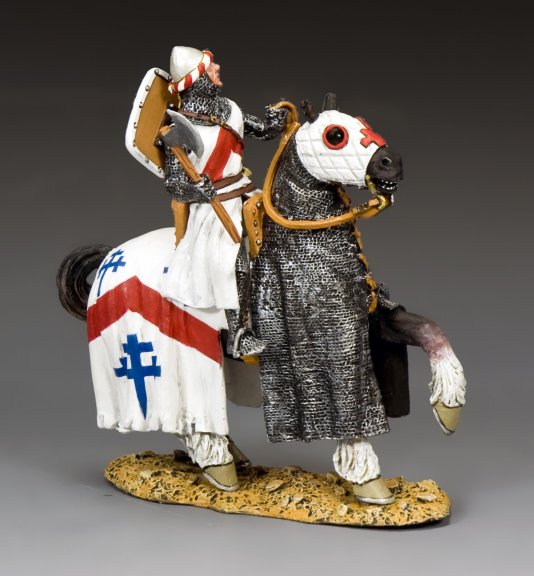 Figurine of a knight on horseback with armor and shield on a gray background