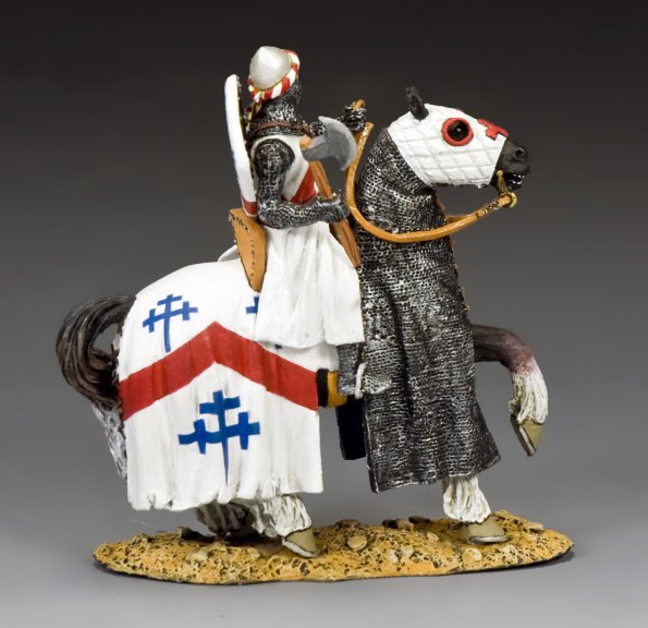 Swabian knight in white heraldic armor, mounted with axe raised, ready for battle during the Crusades. Horse draped in matching livery. 1/30 scale Military miniature.