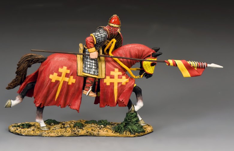 The Red Swabian Knight. Model of a warrior on horseback with red armor and flag, on a gray background