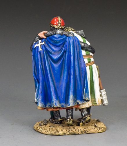 Two medieval knights in detailed armor and tunics, one in white with a green cross and the other in red with a blue cape, stand together; the red-caped knight supports the injured white-clad knight.