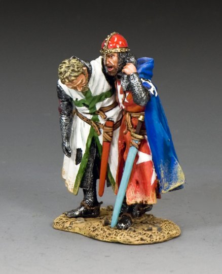 Figurine of a warrior with a sword and another figure in a white robe on a gray background