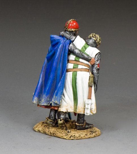 Two military miniatures figurines in medieval attire embracing on a gray background