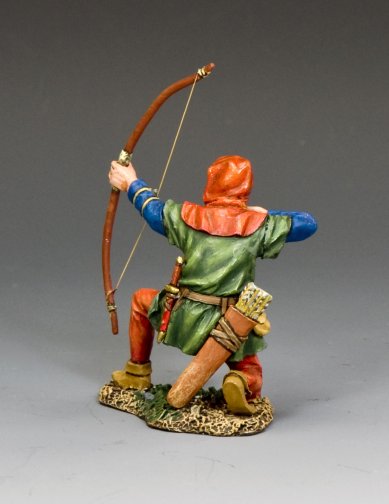 Kneeling Crusader Archer. Military miniature of a archer in medieval attire with a bow and quiver on a gray background