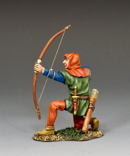 Kneeling Crusader Archer. Toy soldier Figurine of a archer in medieval attire with a bow and quiver on a gray background