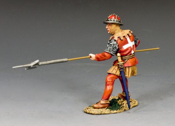 Model figure of a medieval warrior holding a spear and sword on a gray background