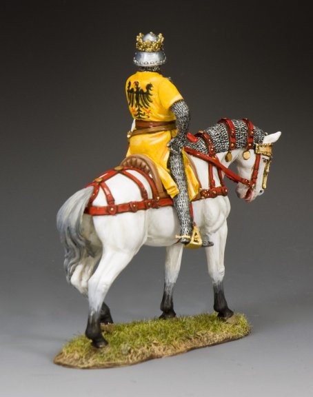 Rear view of Emperor Barbarossa mounted medieval toy soldier King and Country MK219 1/30 scale matte Crusader era Holy Roman Emperor figure