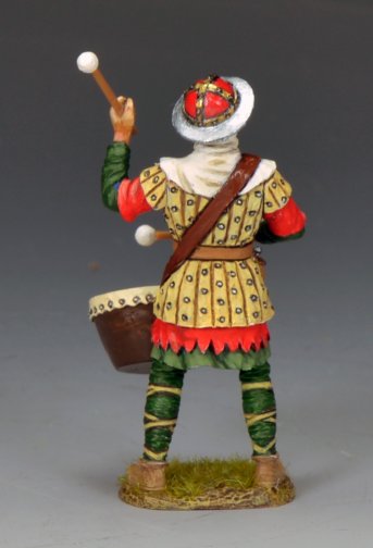 Rear view of medieval drummer with helmet and drum strap, King & Country MK248, matte finish