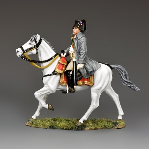 Toy Soldier Mounted Napoleon in grey coat on white horse Marengo, 1/30 scale matte toy soldier from Napoleonic collection.