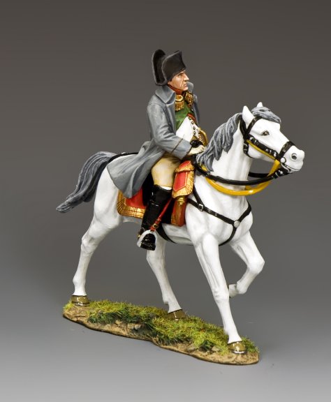 Military miniature Mounted Napoleon in grey coat on white horse Marengo, 1/30 scale matte toy soldier from Napoleonic collection.