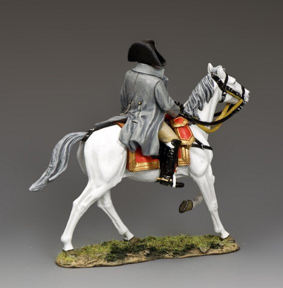 Toy Model of Mounted Napoleon in grey coat on white horse Marengo, 1/30 scale matte toy soldier from Napoleonic collection.