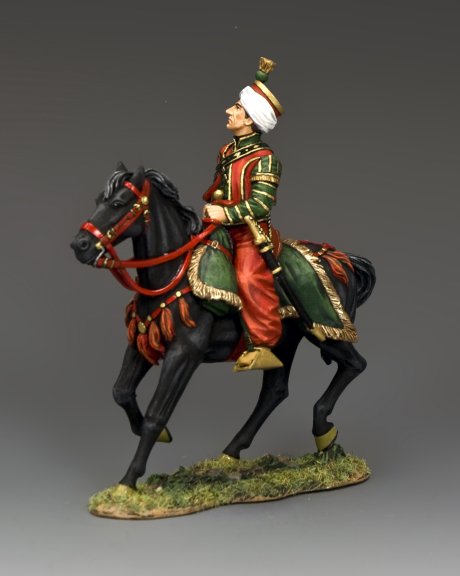 Mounted Mameluk bodyguard Roustan toy soldier in ornate uniform riding black horse, 1/30 scale matte-finish Napoleonic toy soldier.