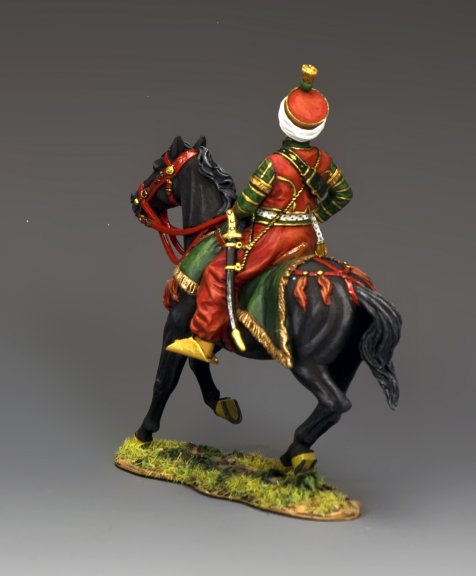 Mounted Mameluk bodyguard Roustan military miniature in ornate uniform riding black horse, 1/30 scale matte-finish Napoleonic toy soldier.