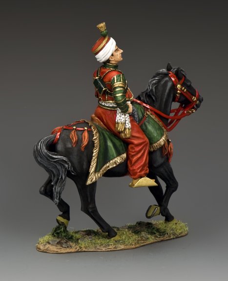Model soldier Mounted Mameluk bodyguard Roustan in ornate uniform riding black horse, 1/30 scale matte-finish Napoleonic toy soldier.