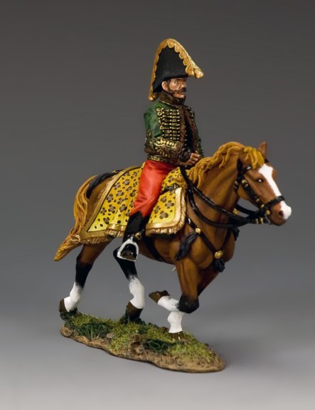 Military miniature Mounted figure of General Lasalle in green pelisse and red Mameluke trousers, 1/30 scale matte-finish Napoleonic toy soldier.