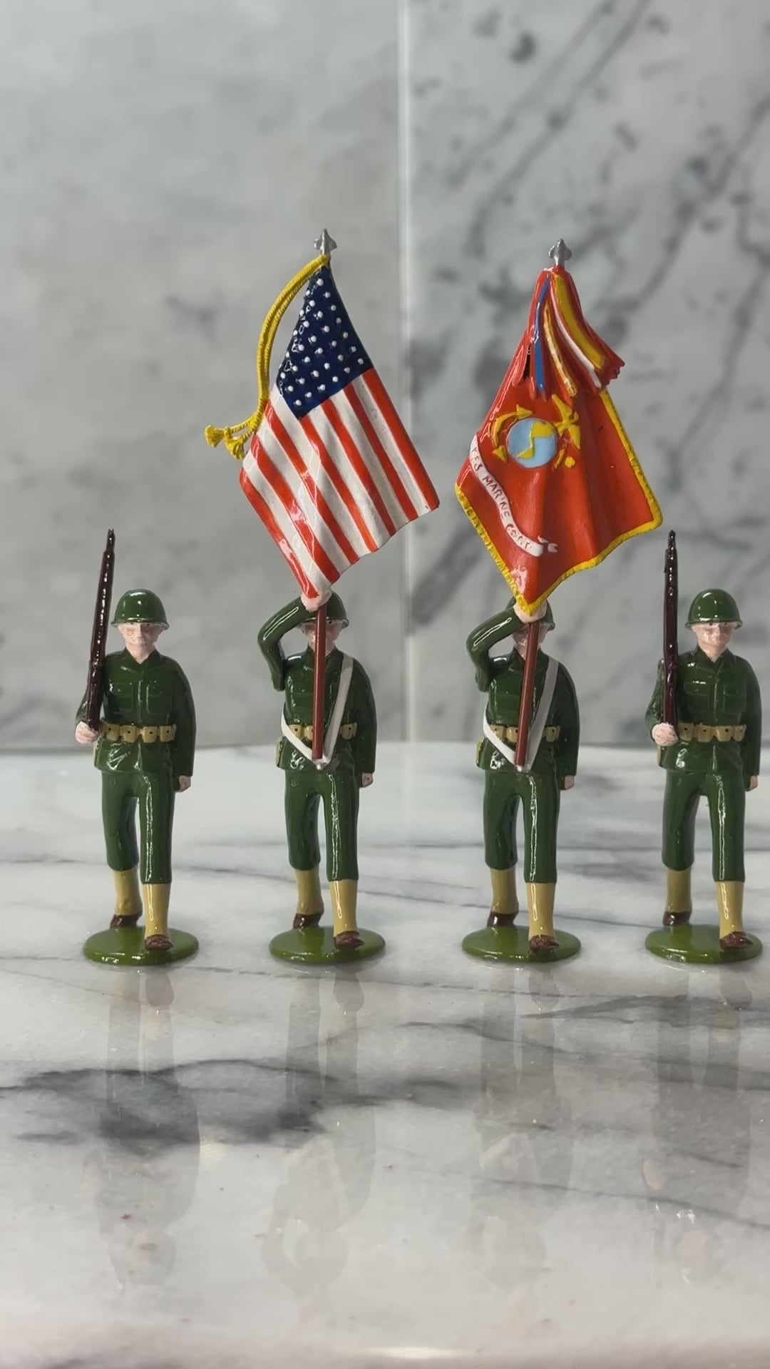 360 degree view of toy soldier set Marine Color Guard WWII with music.