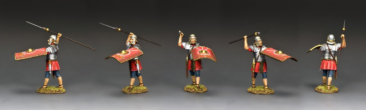 Five toy soldiers Standing Roman Legion Throwing Pilum in a row on a gray background