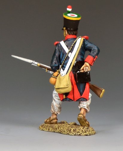 Rear view of Mexican soldier reloading musket Alamo 1836 Texas Revolution military miniature 1/30 scale matte figure King and Country RTA129