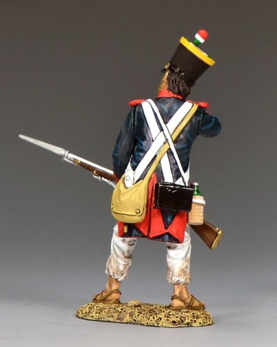 rear view of Mexican soldier biting cartridge reloading musket Alamo 1836 Texas Revolution toy soldier 1/30 scale matte figure RTA130