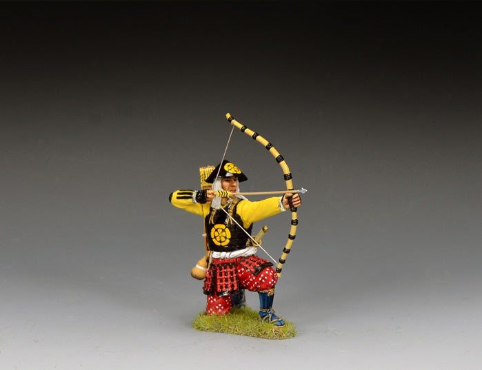 King & Country Kneeling Ashigaru Archer Sekigahara 1600 — 1/30 scale matte-painted Western Army figure drawing bow with jingasa war hat. Catalog SW003.