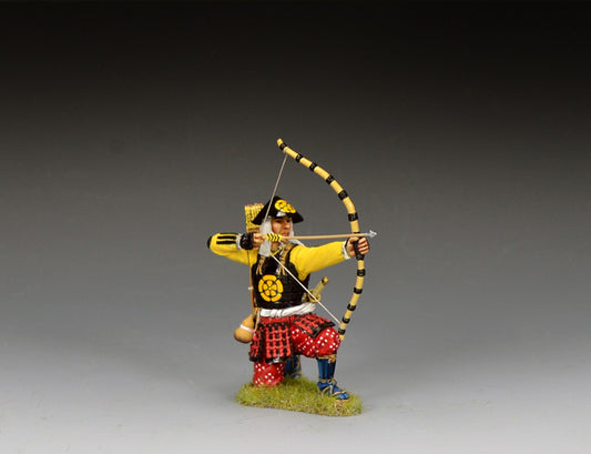 King & Country Kneeling Ashigaru Archer Sekigahara 1600 — 1/30 scale matte-painted Western Army figure drawing bow with jingasa war hat. Catalog SW003.