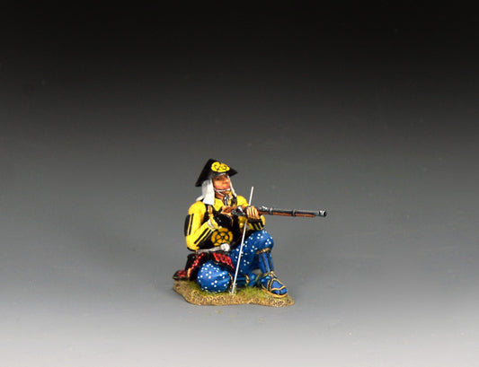 King & Country Sitting Ashigaru Arquebusier — 1/30 scale matte-painted Japanese matchlock soldier in jingasa war hat at Sekigahara 1600. Catalog SW006.