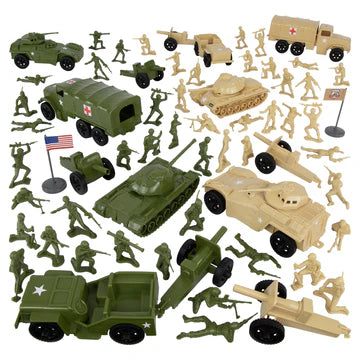 Plastic toy soldier army men play set. Green vs. Tan.