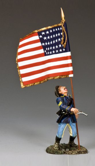 1/30 scale matte figure of Sgt. Robert Hughes falling with Colt and 36-star flag at Little Bighorn, June 1876.