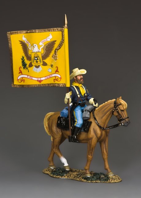 King & Country 5th U.S. Cavalry Regimental Flagbearer mounted figure holding regimental standard, John Ford Cavalry series, 1/30 scale