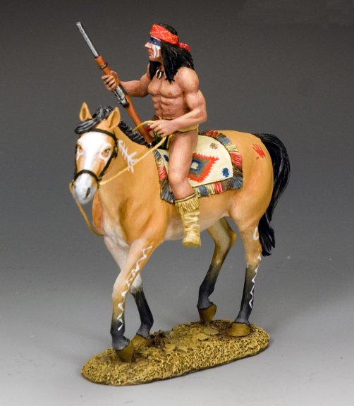 Apache scout toy soldier on horseback, wearing traditional gear, riding alertly across a desert terrain.