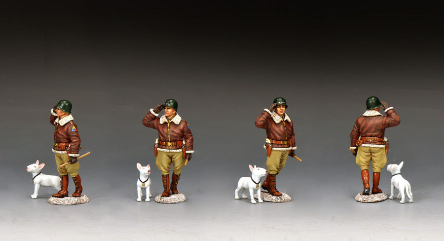 Panoramic view of 1/30 scale matte-finish toy soldier of General Patton saluting with his English Bull Terrier “Willie.”