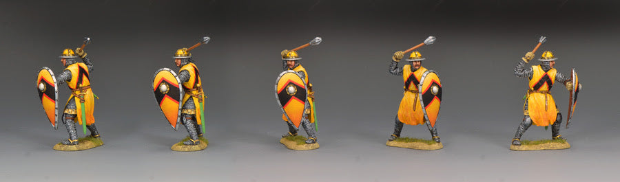 5 different views of King & Country MK256 Fighting Crusader Priest with mace and shield 1/30 scale matte medieval toy soldier figure